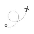 Airplane route trace in dashed line with location pin