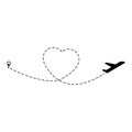 Airplane route vector illustration. Love romantic travel. Heart dashed lines path with start point Royalty Free Stock Photo