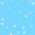 Airplane routes with dotted line, seamless pattern