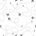 Airplane routes with dotted line, seamless pattern