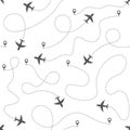 Airplane routes with dotted line, seamless pattern