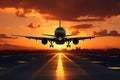 Airplane on the runway in the airport at sunset. 3d render, A large jetliner taking landing an airport runway at sunset or dawn Royalty Free Stock Photo