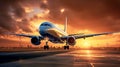 airplane on runway landing front view on sunset with clouds , generative ai Royalty Free Stock Photo
