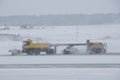 Airplane runway snow plower cleaning the runway.