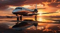 Airplane on the runway at sunset. Business travel concept.