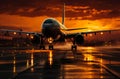 An airplane is on the runway at sunset. A large jetliner sitting on top of an airport tarmac Royalty Free Stock Photo