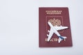 Airplane on the russian passport. Travel concept. White background Royalty Free Stock Photo