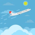 Airplane with santa claus cap or hat flying in sky. Travel and christmas concept ads design. Vector illustration.