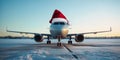 Airplane with Santa Hat on Snowy Runway during Winter Sunset Royalty Free Stock Photo