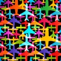 Airplane seamless background. Aircraft transportation colorful pattern template. Aviation vector repeatable texture.