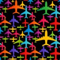 Airplane seamless background. Aircraft transportation colorful pattern template. Aviation vector repeatable texture.