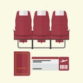 Airplane seat with passport and boarding pass in flat design . Royalty Free Stock Photo