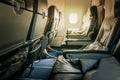 Airplane seat and window inside an aircraft Royalty Free Stock Photo