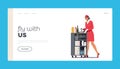 Airplane Service, Air Hostess Landing Page Template. Stewardess Push Trolley with Drinks or Food. Flight Attendant Staff