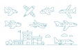 Airplane set. Airport planes. Runway. Different aircraft. Contour blue line vector