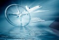 Airplane ship compass on blue background Royalty Free Stock Photo