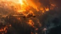 airplane shot, forest fire. A plane flies over a burning forest Royalty Free Stock Photo