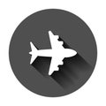 Airplane sign vector icon. Airport plane illustration. Business concept simple flat pictogram on black round background with long Royalty Free Stock Photo