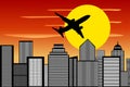 Airplane Silhouette Climbing Sunset Cityscape Royalty Free Stock Photo