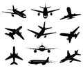Airplane silhouette. Passenger plane landing, back front and bottom views, aircraft jet silhouettes isolated vector Royalty Free Stock Photo