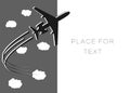 Airplane. Silhouette taking off. A twisting plane trail. Illustration with space for text. Vector monochrome style.