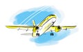 Airplane sketch in blue sky. Aircraft in minimalistic style with colored accents on sky and sunlight on plane. Hand draw