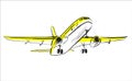 Airplane sketch in sky. Aircraft in minimalistic style with colored accents sunlight on plane. Hand draw line art