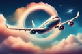 airplane in sky doing loop through a cloud shaped infinit symbol Royalty Free Stock Photo