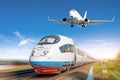 Airplane in the sky and high-speed train, the concept of passenger transport. Royalty Free Stock Photo
