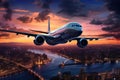 Airplane in the sky over New York City. 3d rendering, Airplane In Flight At Twilight With Blurred Cityscape, AI Generated