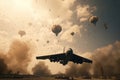 Airplane in the sky with smoke and fire. 3D rendering, Military bombers are releasing bombs on the warzone, AI Generated