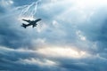 Airplane in the sky with thunder and lightning Royalty Free Stock Photo