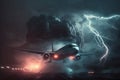 Airplane in the sky with thunder and lightning. Generative AI Royalty Free Stock Photo