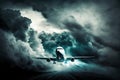 Airplane in the sky with thunder and lightning. Generative AI Royalty Free Stock Photo