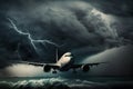 Airplane in the sky with thunder and lightning. Generative AI Royalty Free Stock Photo
