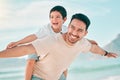 Airplane, smile and father with boy child at a beach with freedom, fun and bonding in nature. Flying, love and happy