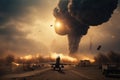 Airplane in the smoke on a background of an explosion. 3d rendering, Military bombers are releasing bombs on the warzone, AI