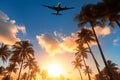 Airplane Soaring Above Palm Trees Against a Clear Sunset Sky, Generative Ai Royalty Free Stock Photo