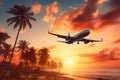 Airplane Soaring Above Palm Trees Against a Clear Sunset Sky, Generative Ai Royalty Free Stock Photo