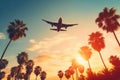 Airplane Soaring Above Palm Trees Against a Clear Sunset Sky, Generative Ai Royalty Free Stock Photo