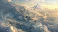 An airplane soars through a golden sunset sky above majestic snow-capped mountains, depicting a peaceful journey amidst Royalty Free Stock Photo