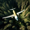 airplane soars very low over the lush forest trees, offering a breathtaking aerial adventure