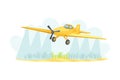 Airplane spraying field, agricultural farming machinery vector illustration
