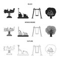 Airplane on a spring, swings and other equipment. Playground set collection icons in black,monochrome,outline style