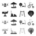 Airplane on a spring, swings and other equipment. Playground set collection icons in black,monochrome style vector