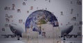 Airplane and stack of cardboard boxes over network of profile icons against globe on grey background Royalty Free Stock Photo