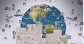 Airplane and stack of cardboard boxes over network of profile icons against globe on grey background Royalty Free Stock Photo
