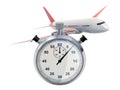 Airplane with stopwatch, fast booking and reservation service. 3D rendering