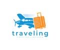 Airplane with suitcase, travel, aircraft or plane, logo design. Air travel, flights, traveling, aviation and airport, vector desig