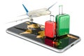 Airplane with suitcases on the mobile phone with Earth map on the phone screen, 3D rendering